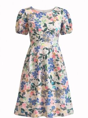 Eloquii Floral Scuba Puff Sleeve Fit Flare Dress Pink Size 16 NWT